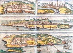 Ansichten von Casablanca (Anfa) und Azemmour (Azaamurum) in Marokko, Diu und Goa (Indien) von Franz Hogenberg