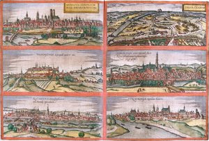 Ansichten von München (Monacum), Ingolstadt (Ingolstadium), Freising (Frisingensis), Nördlingen (Nordlinga), Regensburg (Ratispona) und Straubing (Stravbinga), Deutschland