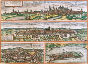 Ansichten von Nürnberg (Nurnberga), Ulm (Ulma), Lindau (Lindola), Deutschland und Salzburg (Salisburgensis) in Österreich (Radierung) von Franz Hogenberg