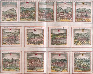 Ansichten der wichtigsten Städte der Schweizerischen Eidgenossenschaft: Schwytz (Svicia), Zug (Tugium), Glaris (Glarona), Basel (Basilea), Zürich (Tugurum), Bern (Ursina), Luzern (Lucerna), Uri (Ursella), Freiburg (Frigurgum), Solothurn (Soloturensis), Sch von Franz Hogenberg