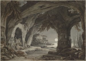 Ideale Landschaft mit Felsengrotte, Gräbern und Ruinen im Mondlicht, ca. 1790 von Franz Innocenz Josef Kobell