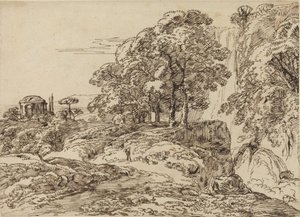 Pastorale Landschaft mit Wasserfall und Tempel