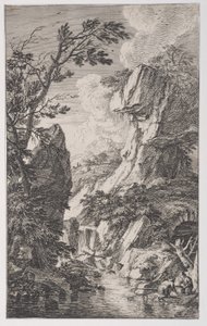 Tafel 4: zwei Fischer am Ufer eines Baches rechts, ein Wasserfall in der Mitte