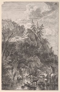 Weibliche Figur auf einem Pferd und eine männliche Figur mit einem Hund in einer Straße, ca. 1700-25