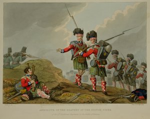 Anekdote über die Tapferkeit des schottischen Dudelsackspielers des 11. Highland Regiments in der Schlacht von Vimiero, graviert von John Heaviside Clark und Matthew Dubourg