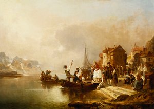 Eine Hochzeitsgesellschaft besteigt ein Boot von Franz Richard Unterberger