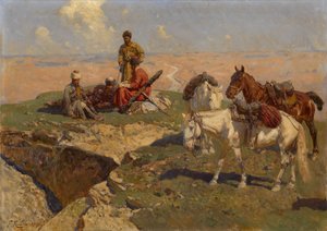 Kaukasische Reiter bei der Rast, 1917 von Franz Roubaud