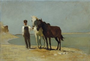 Ein Junge mit Pferden am Strand