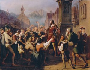 Der als Minnesänger verkleidete Herzog Friedrich IV. gibt sich auf der Flucht aus Konstanz seinen treuen Tirolern zu erkennen von Franz Schams