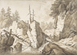 Schweizer Berglandschaft mit kleiner Brücke über einen Bach, 1751-81 von Franz Schutz