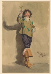 Mann in Louis XIII-Kleidung, stehend, dreiviertel nach rechts, ein Glas Wein hebend von Franz Skarbina