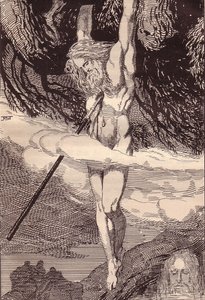 Odin hängt am Weltenbaum. Illustration für Die Edda: Germanische Götter und Helden von Hans von Wo