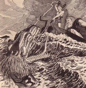 Thor und Hymir beim Angeln. Illustration für Die Edda: Germanische Götter und Helden von Hans von Wolzogen