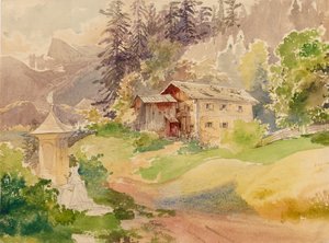 Alpenlandschaft mit Bauernhaus und Frau vor Marterl