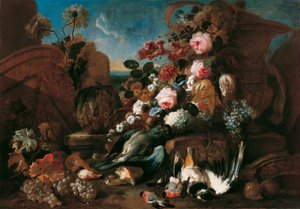 Stillleben mit Blumen, toten Vögeln und Ruinenstücken