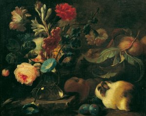 Stillleben mit Meerschweinchen, Blumen und Früchten