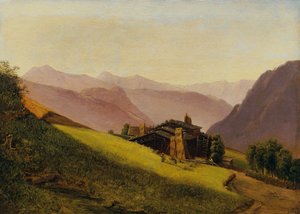 Gebirgslandschaft mit Almhütten und heuenden Bauern