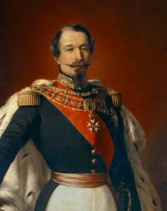Porträt von Napoleon III., Kaiser der Franzosen vor einer Ansicht des Schlosses Saint Cloud (Detail)