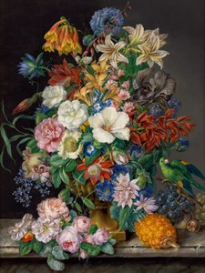 Blumenstück mit Ananas, Weintrauben und Papagei