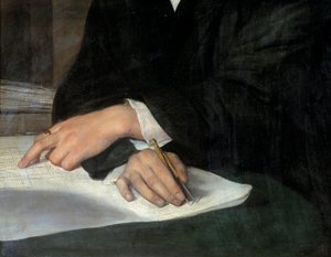 Porträt des Architekten Karl Berckmüller (1800-1879), Detail der gekreuzten Hände auf dem Plan. Eine davon hält einen Zirkel. Gemälde von Franz Xaver Winterhalter (1806-1873)