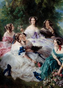 Die Kaiserin Eugenie (1826-1920) im Jahr 1855 umgeben von den Ehrendamen des Detailpalastes, die Prinzessin von Essling, die Baronin von Steinen, die Viscountess Lezay-Marnesia, der Kaiser oben in Weiß und die Marquise von Montebello