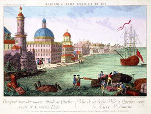 Blick auf die Unterstadt von Quebec in Richtung des Sankt-Lorenz-Stroms. Gravur von Franz-Xavier Habermann
