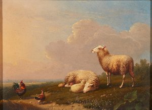 Schafe und Hühner auf einer Wiese von Franz van Severdonck