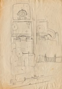 Entwurfsskizzen zu Matschs Ateliervilla - Grundriss von Gesamtanlage und Garten, Toranlage von Franz von Matsch