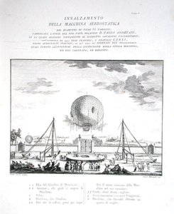 Erster bemannter Heißluftballonflug in Italien durch Paolo Andreani, 1784, graviert von Girolamo Mantelli, veröffentlicht 1785 (Gravur) von Fratelli Gerli (after)