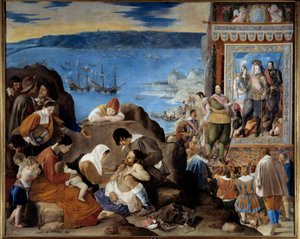 Allegorie der Eroberung von Salvador de Bahia (Brasilien) durch eine portugiesische, spanische und indianische Armee unter dem Kommando von Fadrique Alvarez de Toledo y Mendoza (1580-1634) am 1. Mai 1625 von Fray Juan Batista Maino or Mayno