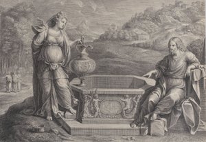 Christus, sitzend rechts, und die Frau von Samaria, die links steht, ca. 1729 von Frédéric Horthemels