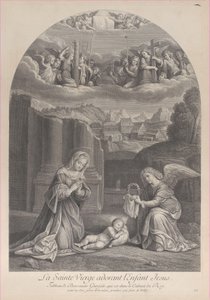 Die Jungfrau Maria, die das Christkind anbetet, ein Engel hält rechts eine Dornenkrone von Frédéric Horthemels