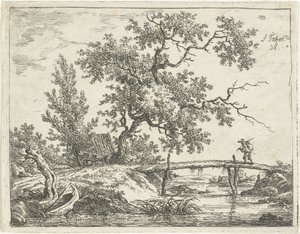 Landschaft mit Mann auf Brücke