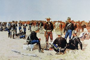 Frühstück eines Kavalleristen in der Prärie, nach einem Ölgemälde ca. 1890 von Frederic (after) Remington