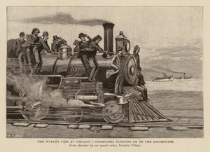 Passagiere klammern sich an die Lokomotive bei der Weltausstellung in Chicago von Frederic (after) Villiers
