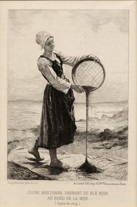 Eine junge Bretonin, die Buchweizen am Meer winnet, graviert von Cadart im Jahr 1874 von Frederic Auguste Laguillermie