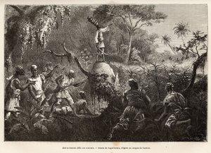 Abd es Samate, Freund und Leutnant von Mounza, König der Mombuttous, fordert seine Feinde, die Zandes (oder Niam Niam), die ihnen den Krieg erklärt haben, heraus, Gravur nach der Zeichnung von Laguillermie, zur Illustration einer Reise ins Herz Afrikas 186 von Frederic Auguste Laguillermie