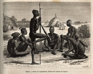 Dinkas aus dem Dorf Koudj (Senegal), deren Körper mit Asche bedeckt ist, um sie vor Insekten und Parasiten zu schützen, was auch eine kosmetische und soziale Funktion hat, Gravur nach Laguillermies Zeichnung, zur Illustration der Reise ins Herz Afrikas 186