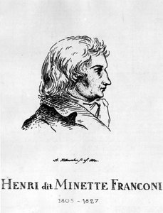 Zirkus: Radierung von Frédéric Hillemacher, Porträt von Henri Franconi, genannt Minette Franconi (1805-1827) - in „The Franconi Circus“. von Frederic Desire Hillemacher
