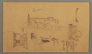 Zeichnung, Schloss, Minarett, Segelboote, Haus, Mai 1868