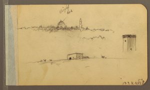 Zeichnung, Kirche, Turm, Haus; (Rückseite: Gebirgskette, 1889) von Frederic Edwin Church