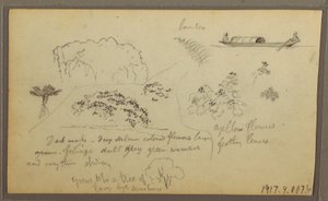 Zeichnung, Kirche, Türme; Verso: Figuren im Kanu, Botanische Skizzen, 1857 von Frederic Edwin Church