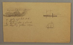 Zeichnung, Wolkenstudie, Dampfschiff, Segelboot, möglicherweise 1865–66