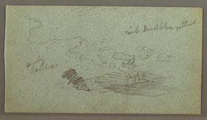 Zeichnung, Wolken über Hügelkette, tiefe Sonne, möglicherweise 1874