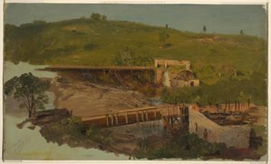 Hügel mit Viadukten und Ruinenmühlen, in der Nähe von Catskill, New York, ca. 1865