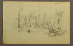 Zeichnung, Htakie (?) Teich, zwei Personen im Kanu, 1845