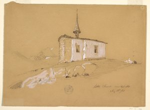 Zeichnung, Kleine Kirche bei Bel Arp, Berner Alpen, Schweiz, 28. August 1868
