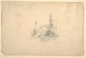 Blockhütte umgeben von Bäumen, Juli 1844
