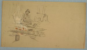 Zeichnung, Mann beim Campen im Wald, ca. 1855