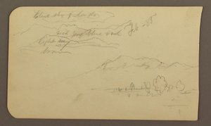 Zeichnung, Gebirgsketten, Cuautla, Kirche; Rückseite: Kauerndes Pferd, Landschaftsnotizen, Februar 1885